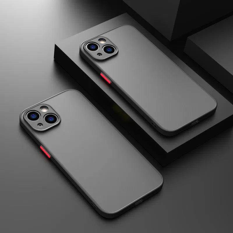 Fine hole skin-sensing iPhone case with frosted hard plastic back cover showing full lens protection