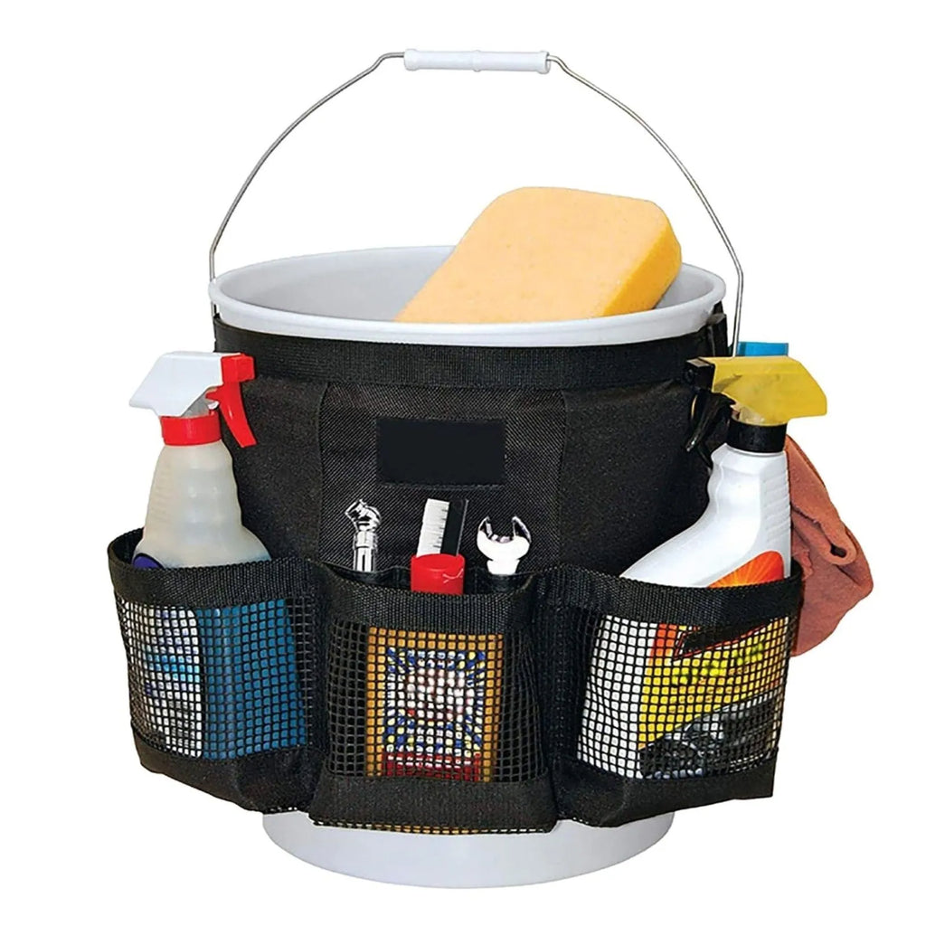 Black cylindrical polyester storage bag hanging on a 5 gallon barrel for tools and toiletries.