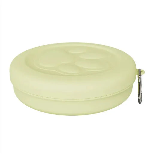 Collapsible silicone dog food bowl with separate snack box in green two-tone colour