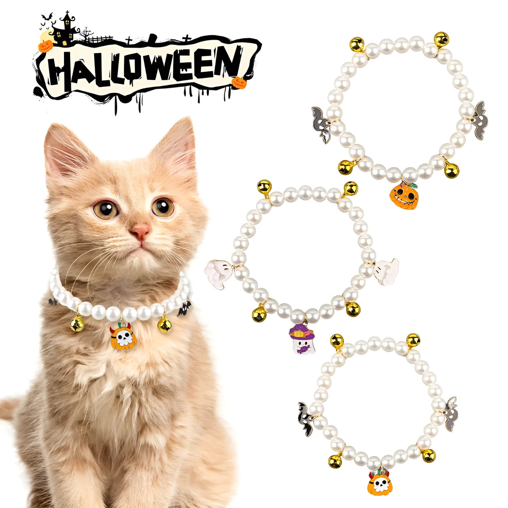 Halloween cat collar decoration with simulated pearl necklace in pumpkin-themed colours