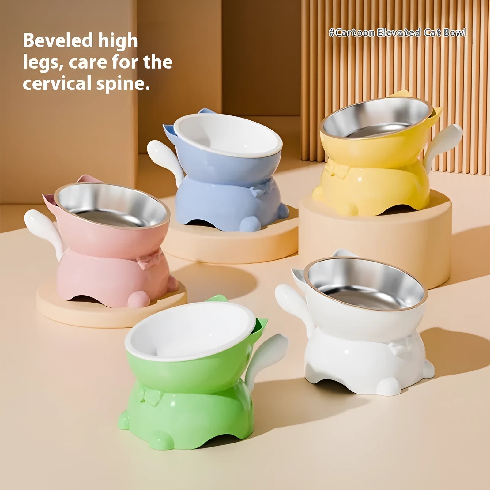 Stainless steel oblique anti-fall cat bowl in four colour options