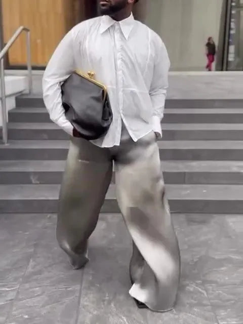 Men's casual flowing satin wide-leg pants in plain design, full-length polyester trousers for daily wear