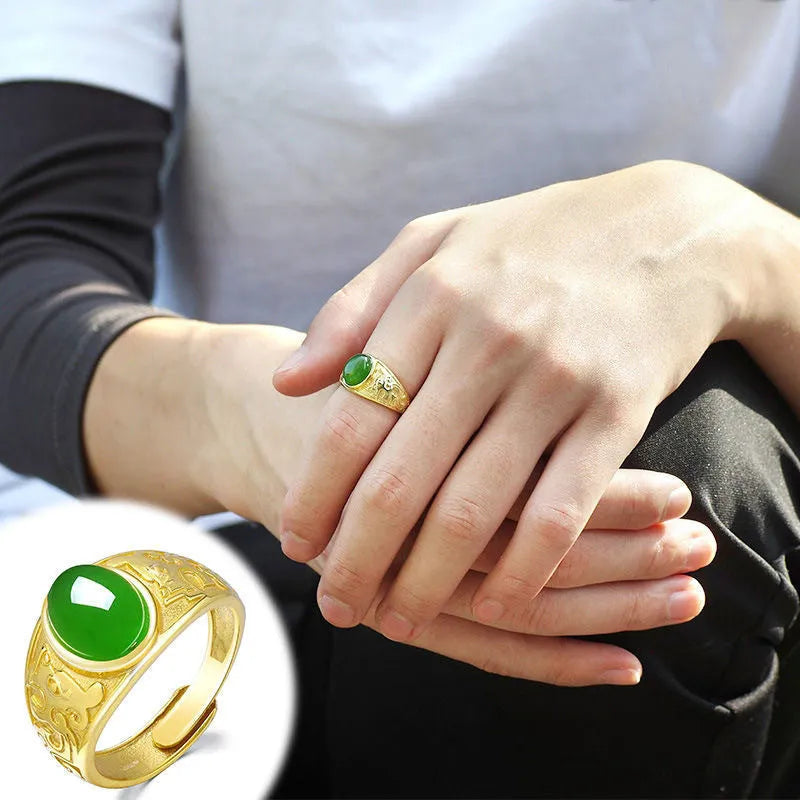 Men's imitation Hetian jade silver-plated retro-style green ring with adjustable opening and geometric shape