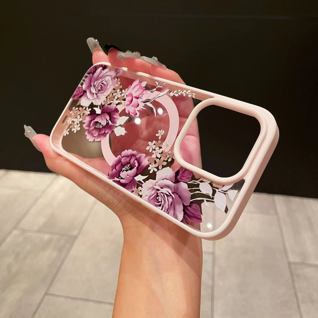 Magnetic acrylic two-in-one phone case with purple floral design on black back for iPhone
