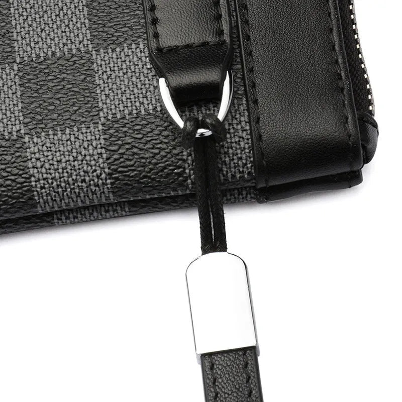 Black men's cowhide leather clutch wallet showing front view.