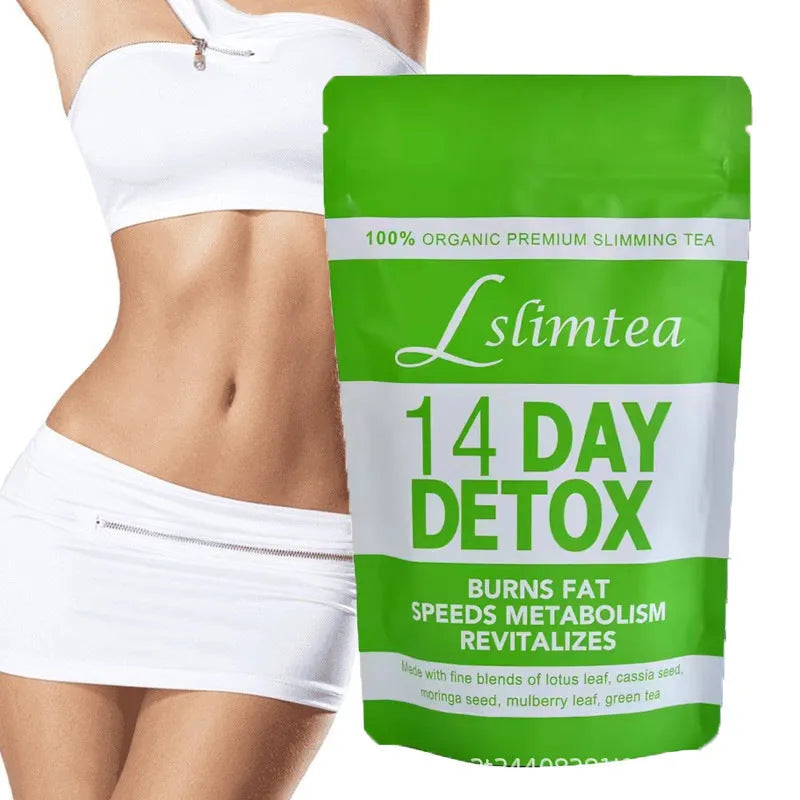 Box of 14-day herbal detox tea with 14 individual 3g sachets for weight loss.