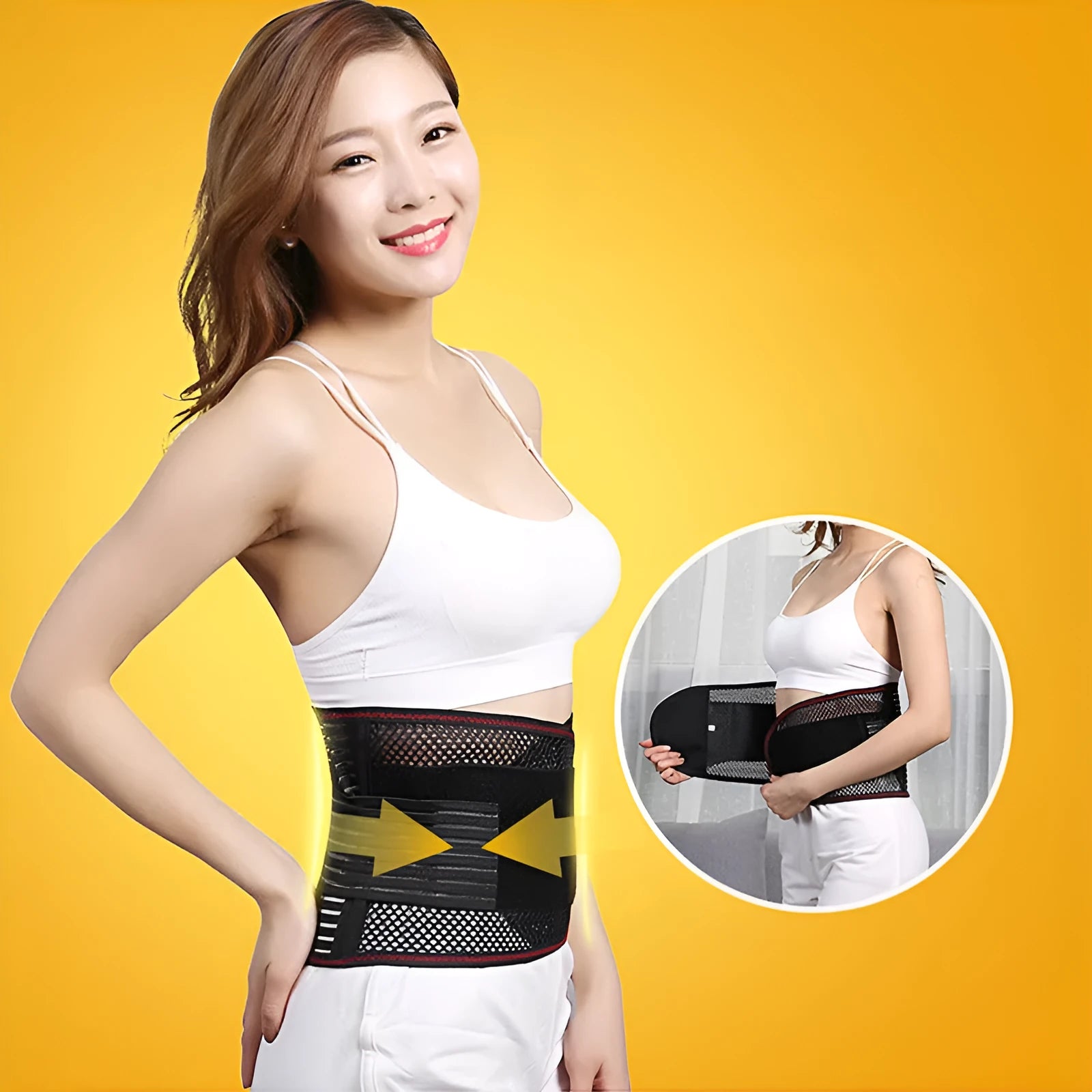 Black breathable sports waist support belt with an internal steel plate for lumbar stabilisation.