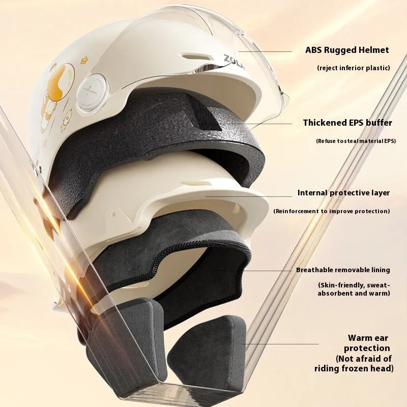 Khaki electric motorcycle half helmet with ABS construction showing sun protection glasses option