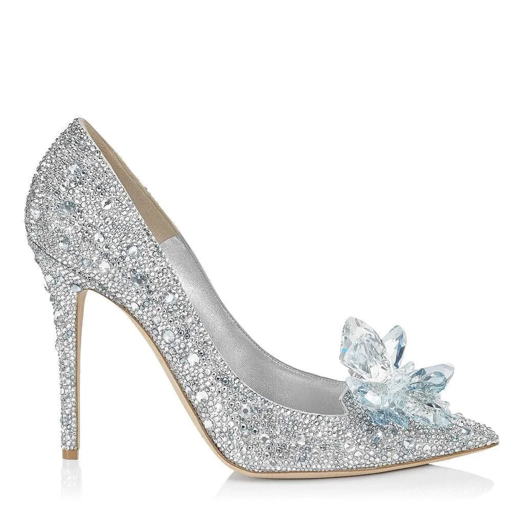Gold women's pointed toe high heels with rhinestone decoration and stiletto heel