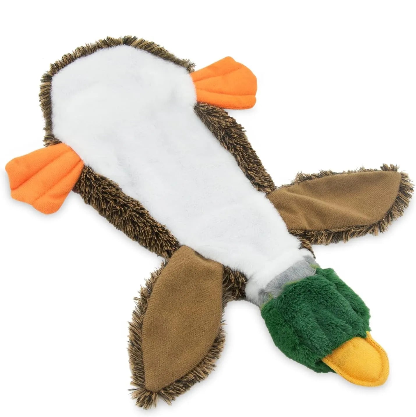 Green wild duck stuffless dog toy with a bottle inserted showing self-fasteners and plush fabric
