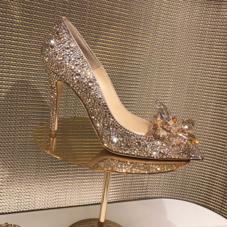 Gold women's pointed toe high heels with rhinestone decoration and stiletto heel