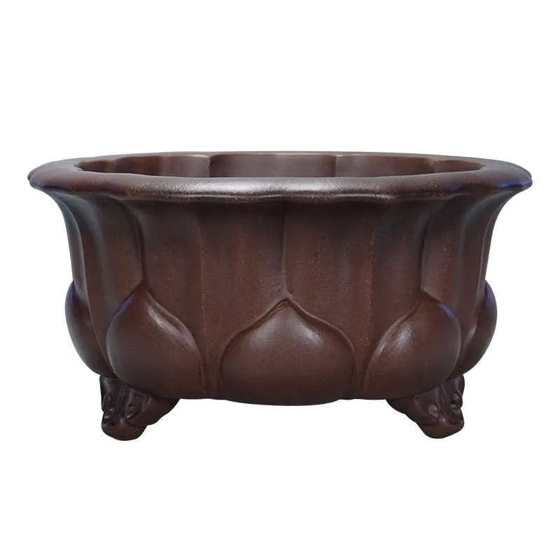 Antique purple-red mud succulent bonsai pot in classical Chinese petal basin style.