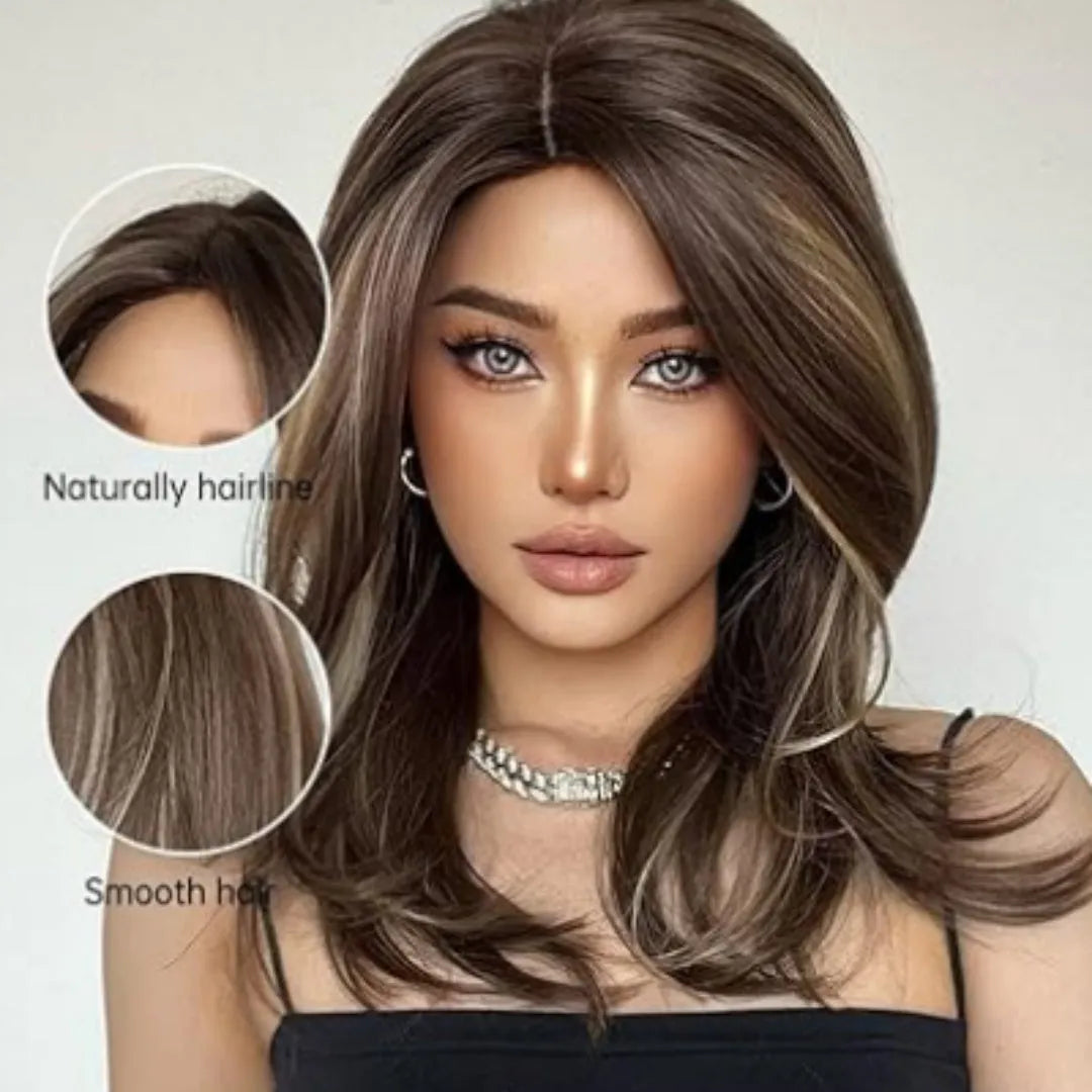 Mid-length gradient colour curly wig with long fringe in high-temperature fibre material