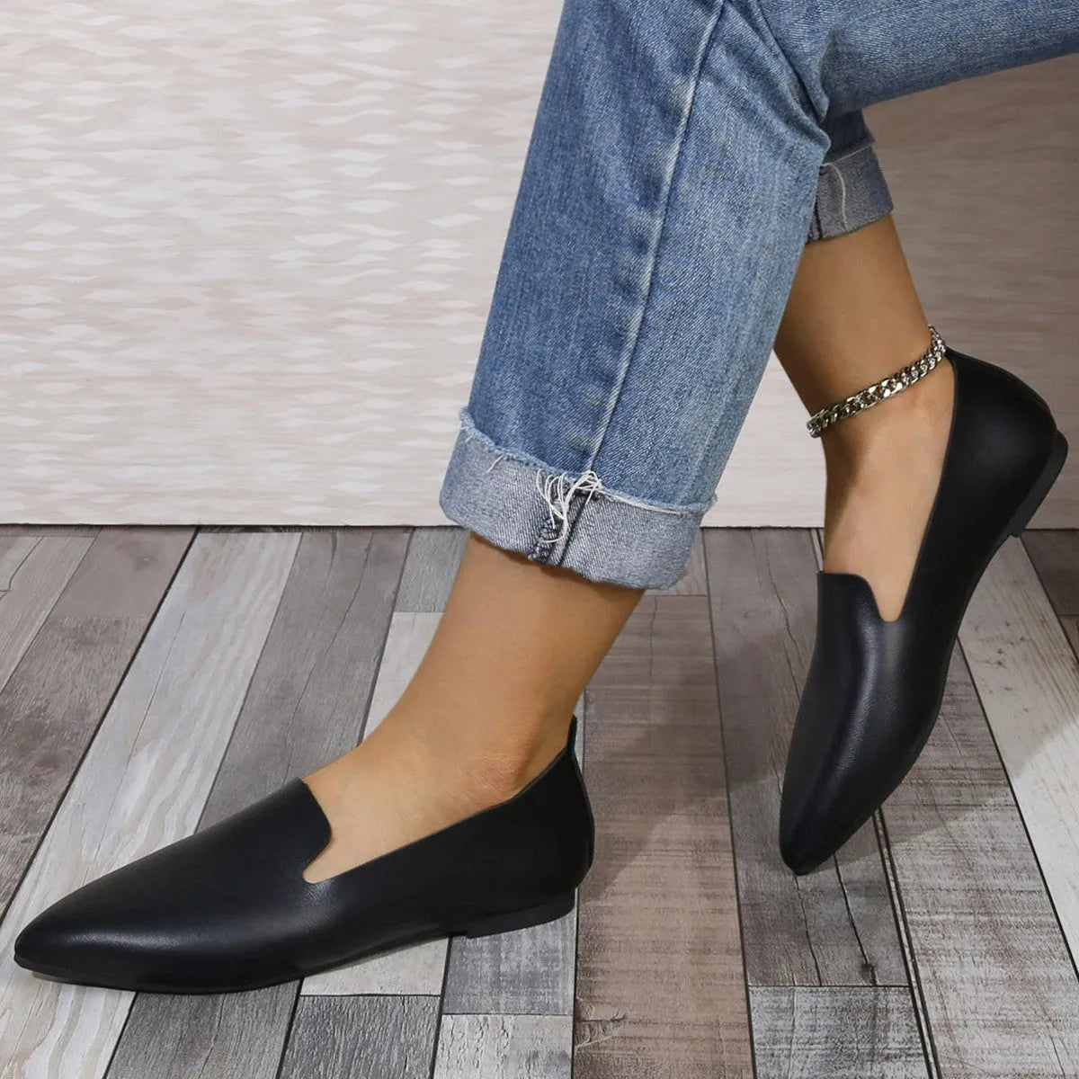 Women's leather flat bottom pumps low-cut low heel pointed toe solid colour black white sizes 36-45