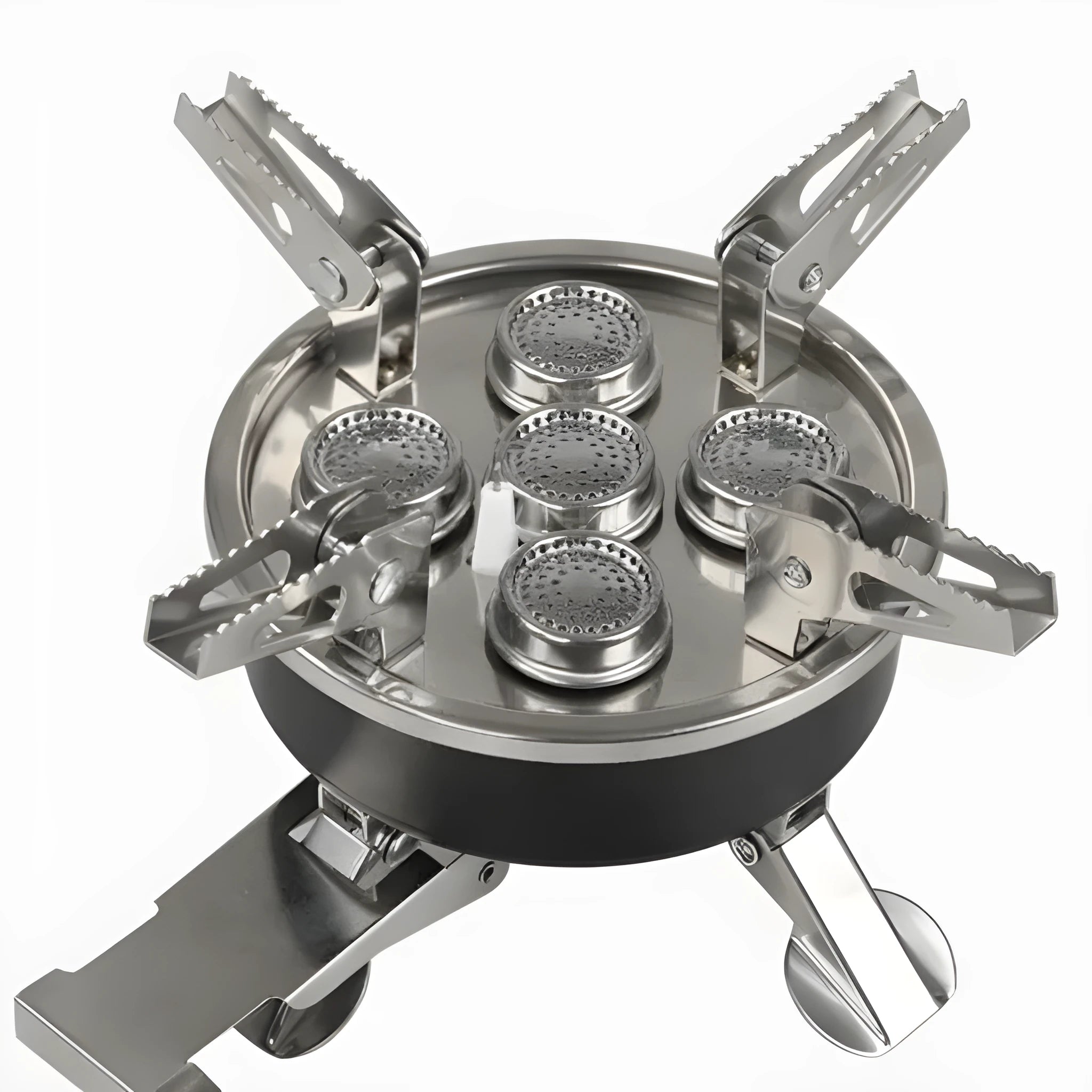 Silver portable foldable camping split stove made of stainless steel, shown with a 100cm hose.