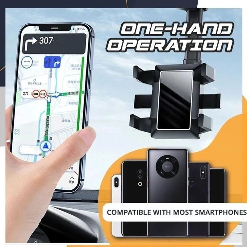 Black rearview mirror phone holder with 360-degree rotation and telescopic arm extended