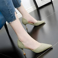 Women's black pointed toe stiletto high heels with a leather upper and thin heel.