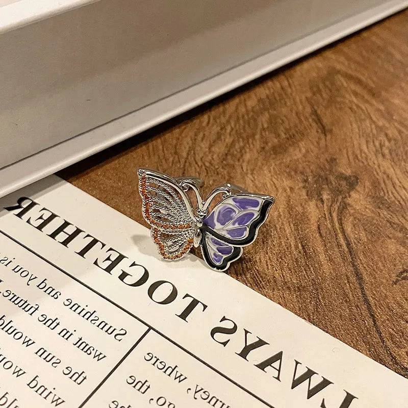 Chinese butterfly design women's ring in polished copper with oil drip texture