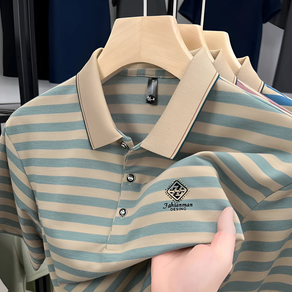 Striped men's casual short sleeve t-shirt with mosaic pattern detail in polyester, available in red, blue, and green colours