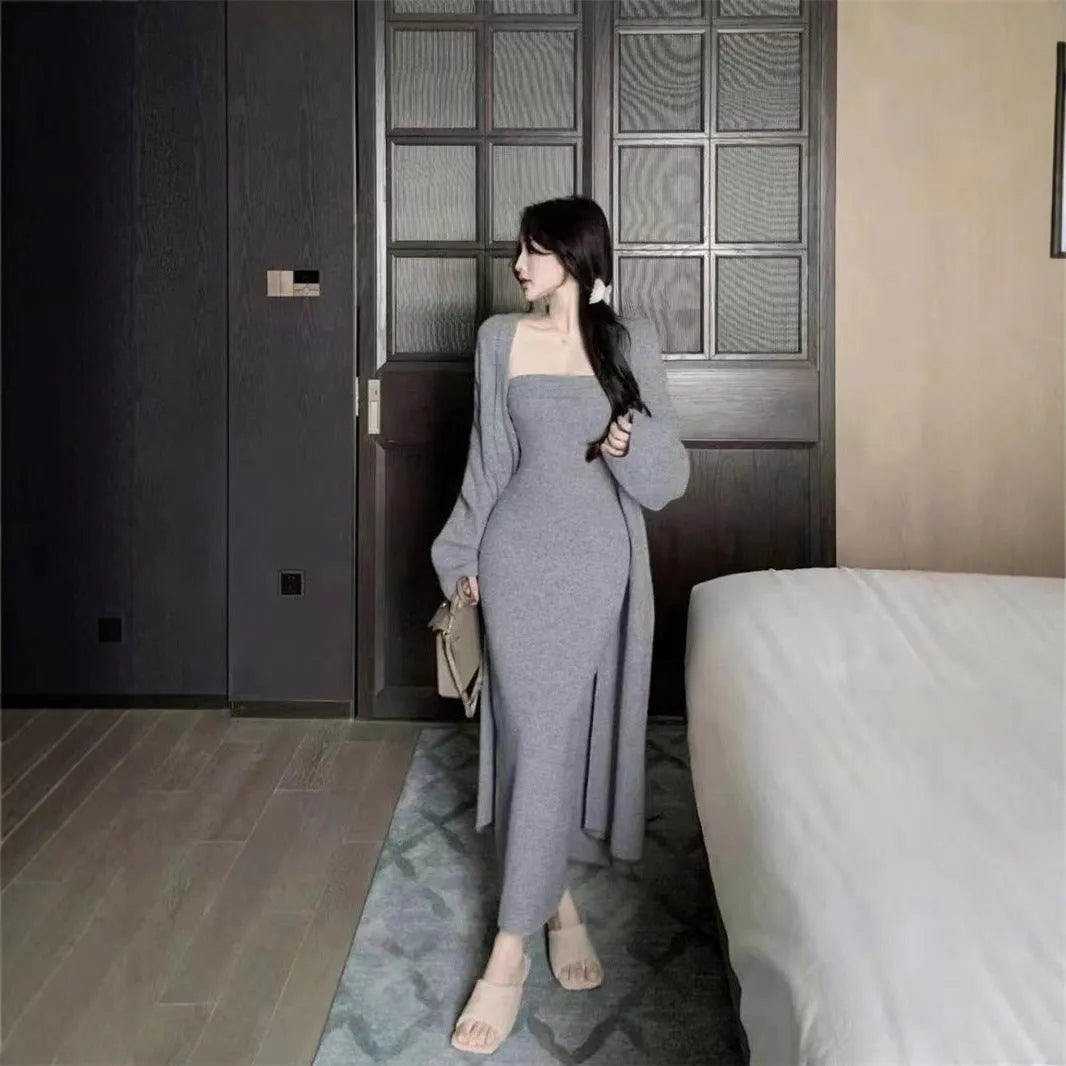 Women's grey knitted cardigan dress and coat suit set with flocking pattern detail.