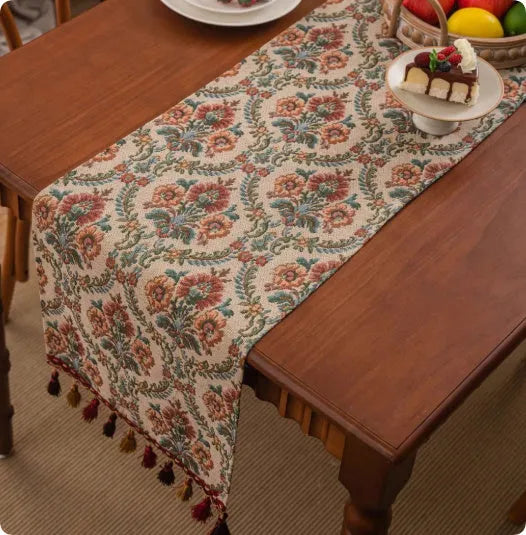 European retro style long sideboard table flag with handwoven tassels in a blue ginkgo leaf pattern