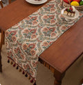European retro style long sideboard table flag with handwoven tassels in a blue ginkgo leaf pattern