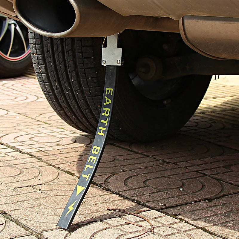 Black car electrostatic grounding belt with metal chain end, 370mm long, for saloon, SUV and van use.