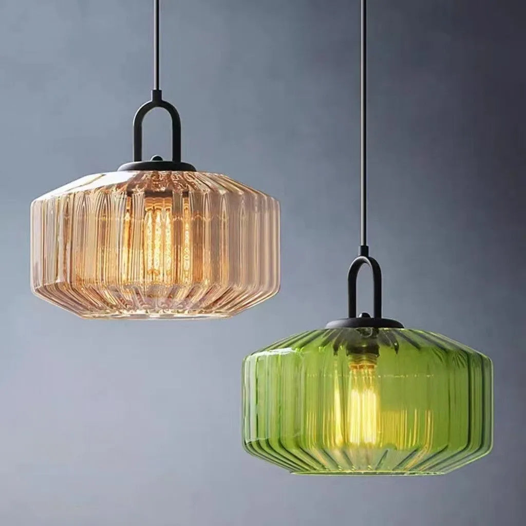 High grade stained glass chandelier in modern simplicity style on ceiling, showing warm light through coloured glass panels