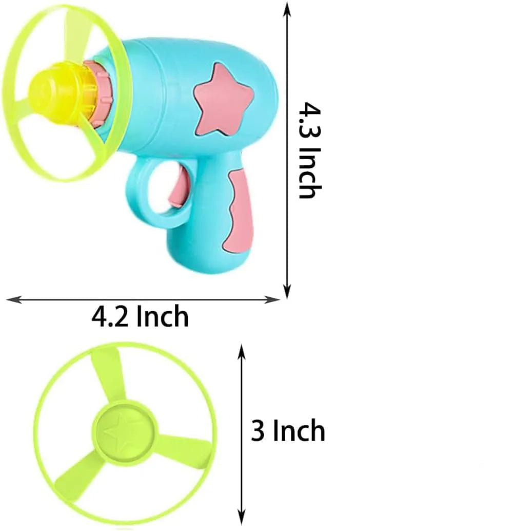 Blue interactive cat toy gun with plastic frisbee mounted ready for launching