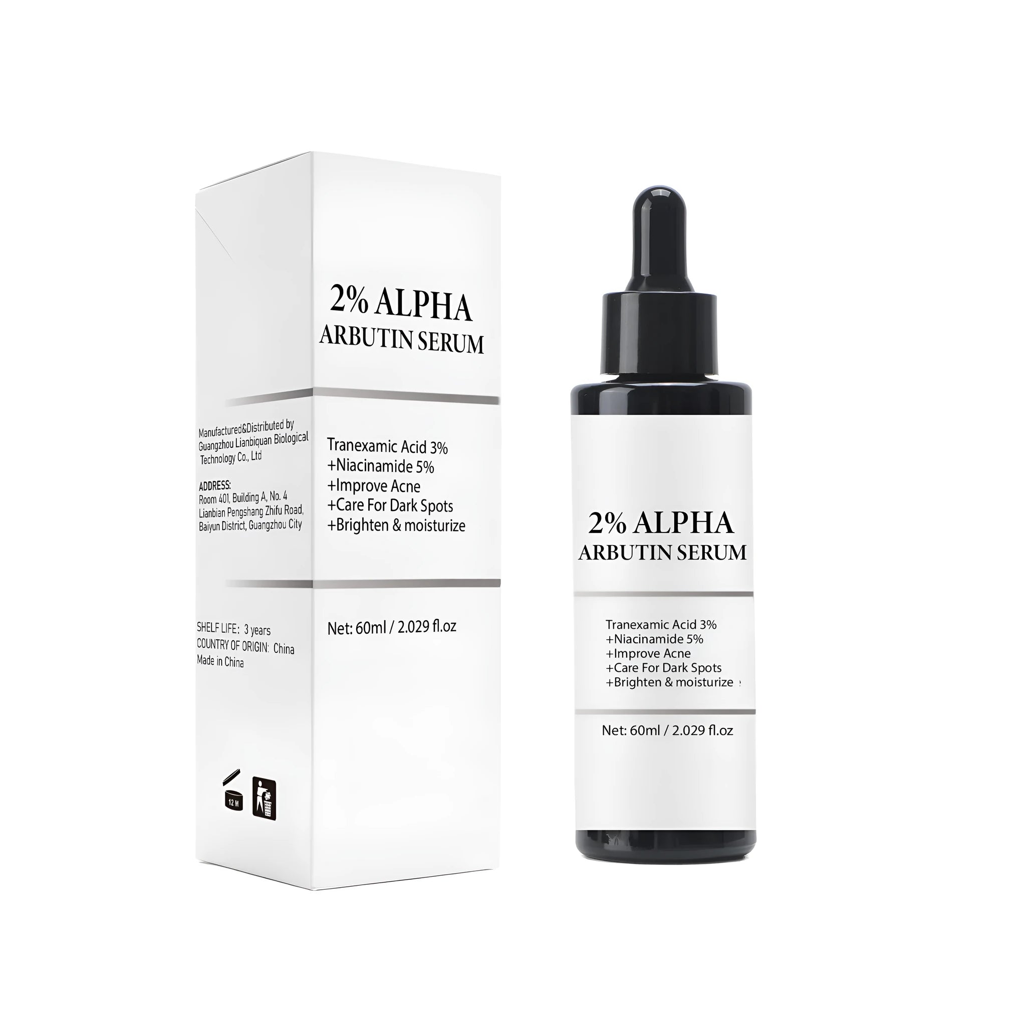Alpha-arbutin facial care solution bottle with 60ml moisturizing treatment