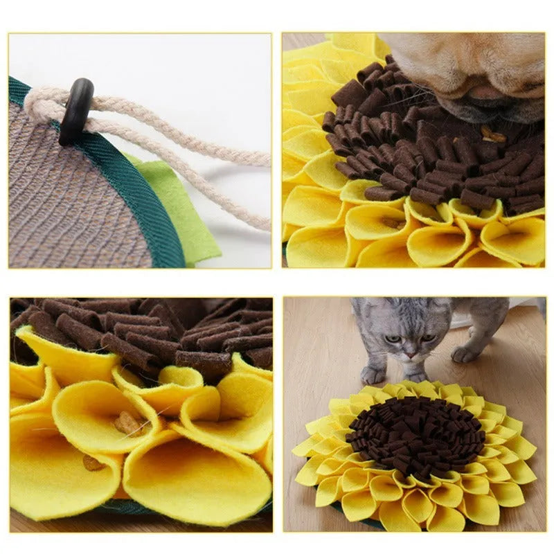 Yellow sunflower-patterned dog snuffle mat for slow feeding and nosework training