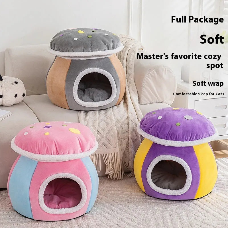 Grey mushroom-shaped plush cat bed showing enclosed cave design for cats.