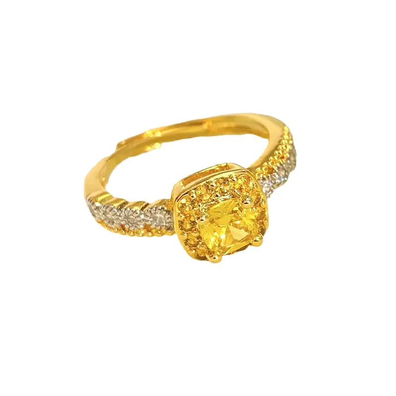 Yellow diamond pineapple cube sugar polished copper geometric ring for women in quadrilateral shape
