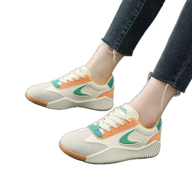 Artificial PU leather casual sneakers with flower pattern, flat heel, round toe, available in beige orange colour