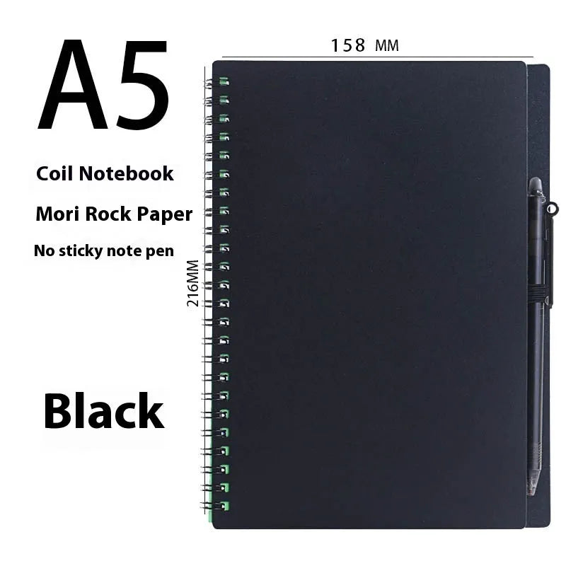 Reusable erasable coil notebook with stone paper, shown with a pen and available in multiple cover colour options.