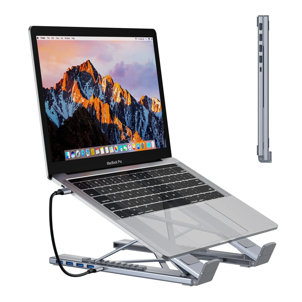 Aluminium alloy laptop docking station with foldable stand and multi-interface hub