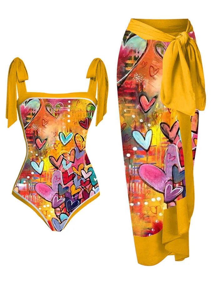 Women's two-piece floral printed polyester swimsuit with matching hip skirt in conservative style