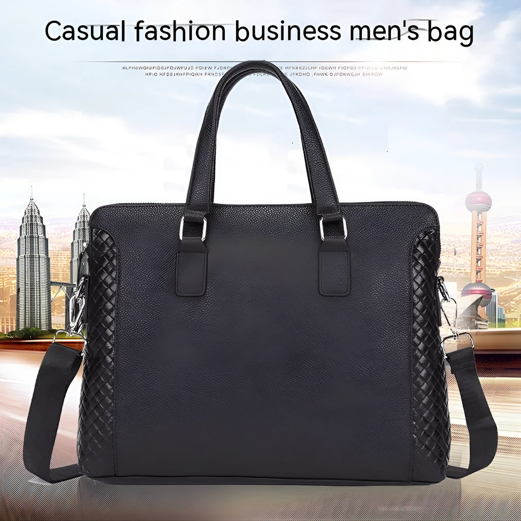 Black genuine leather men's briefcase with embossed weave pattern, horizontal shape, and soft handle for 14-inch laptop