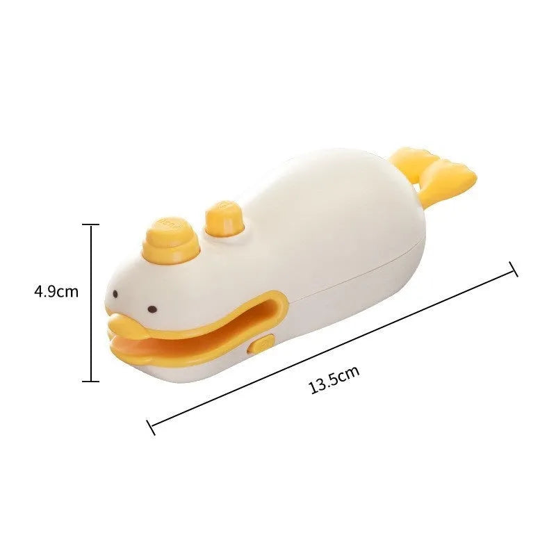 Yellow rechargeable handheld sealing machine with small duck design on animal jacquard casing.