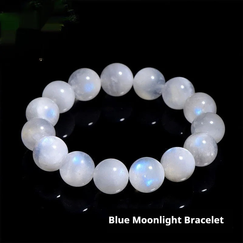 Natural blue moonstone bracelet with polished round beads showing sizing from 5mm to 12mm diameter