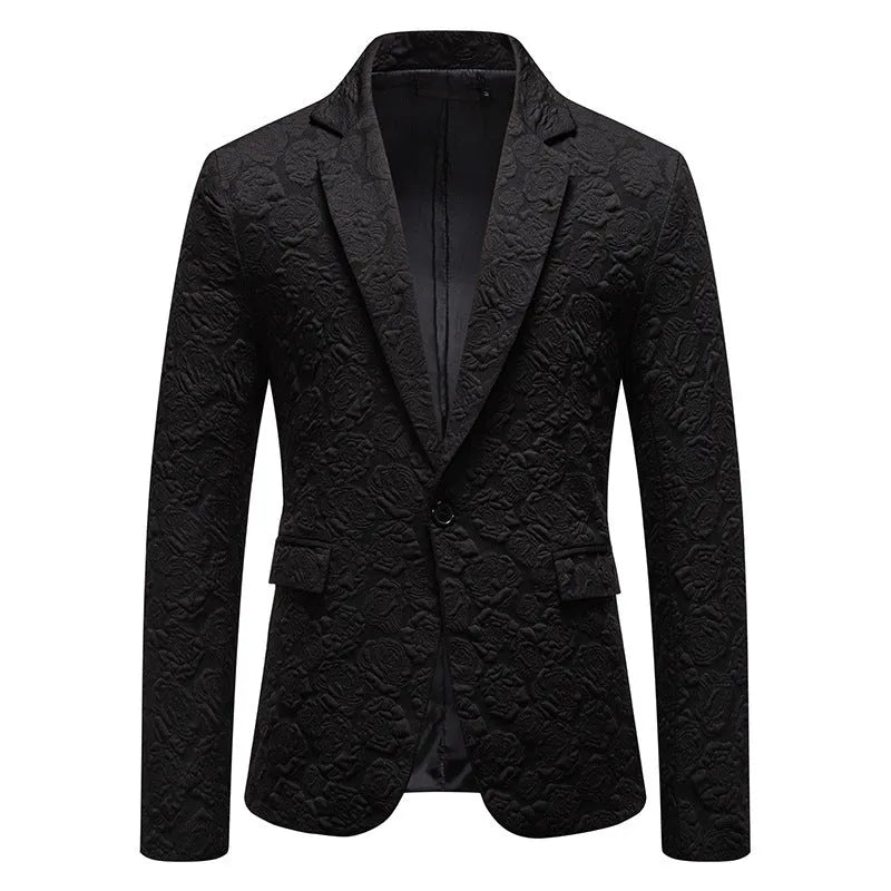 Slim-fit groom suit top in black with bag cover seam pocket, polyester blend, front view on mannequin