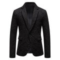 Slim-fit groom suit top in black with bag cover seam pocket, polyester blend, front view on mannequin
