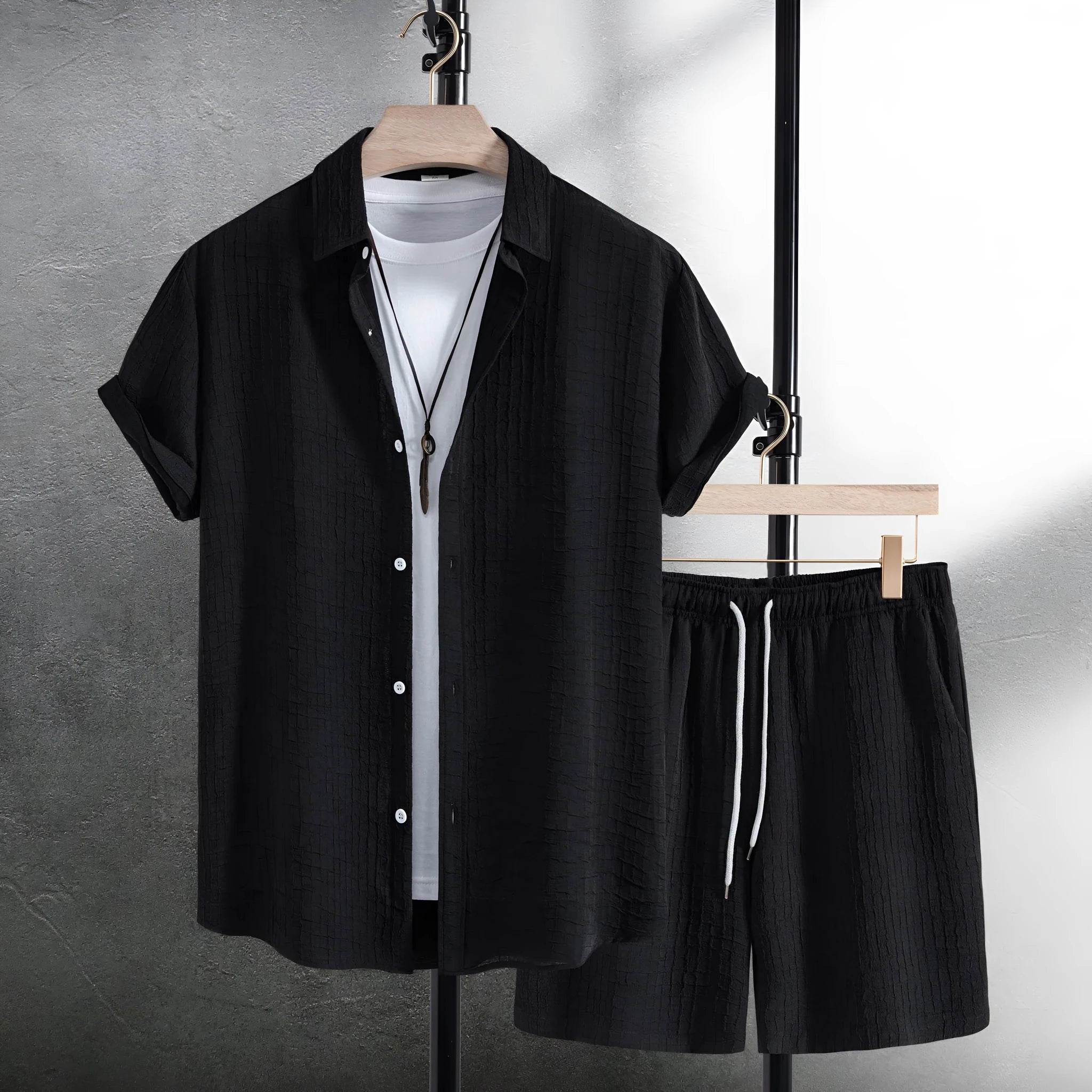 Men's black cotton blend jacquard short sleeve shirt and shorts casual set