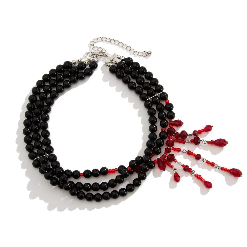Halloween blood drop tassel necklace with artificial crystal pendant and imitation pearls on adjustable chain