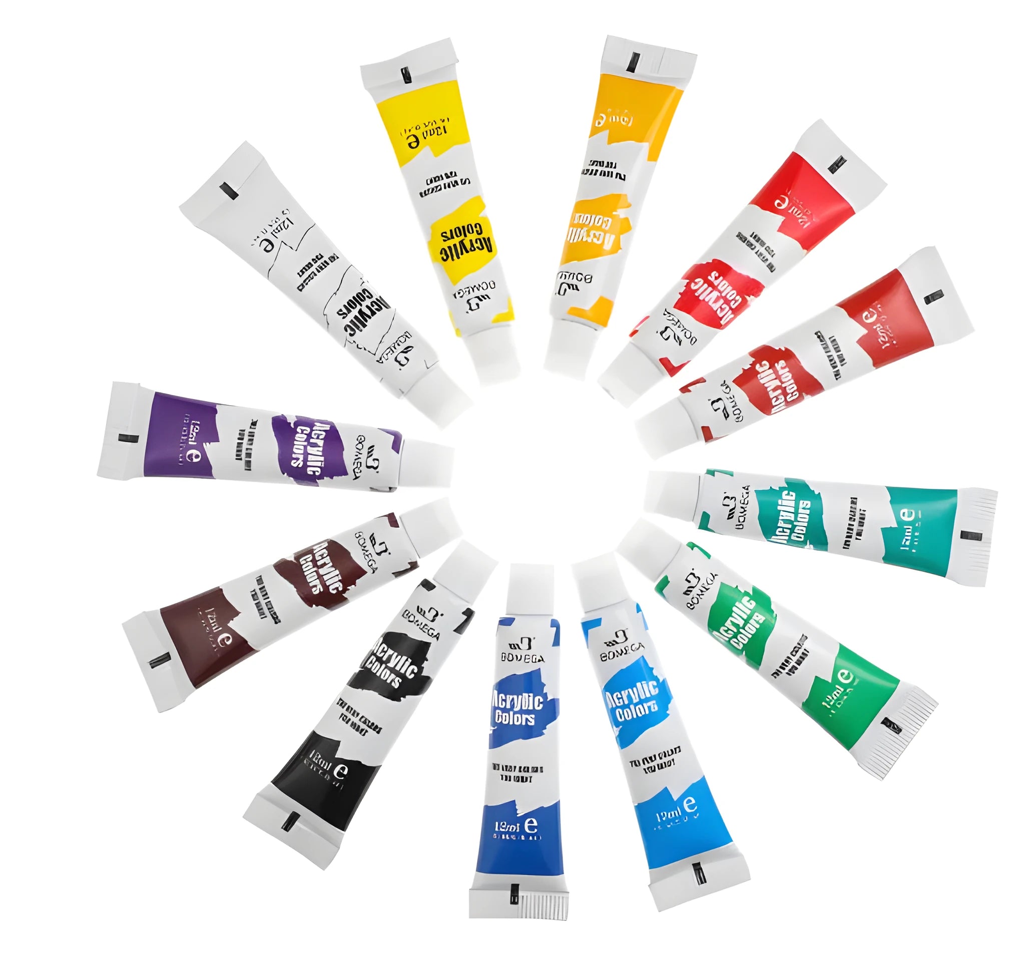 Set of twelve artist paint tubes in different colours for acrylic, gouache or watercolour painting