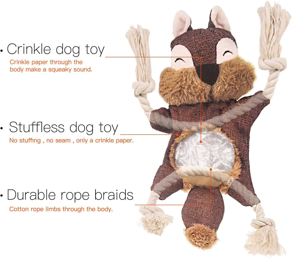 Brown plush fox dog toy with embroidered eyes, rope arms, and a squeaker in its head.