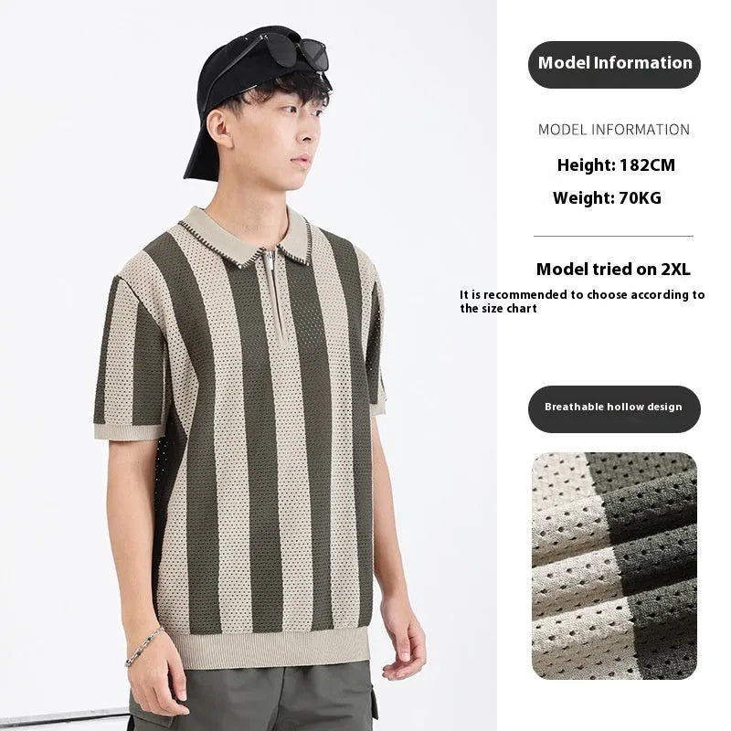 Man wearing a striped short sleeve ice silk sweater with a zipper decoration in sapphire blue.