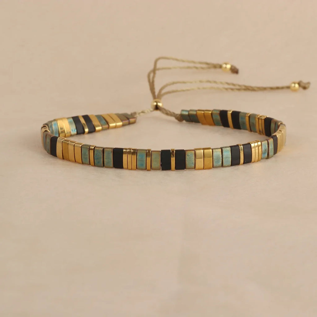Geometric glass bead bracelet in European fashion style showing colour options