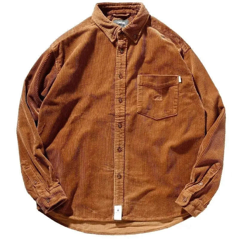 Long sleeve corduroy shirt in caramel colour with Japanese Hong Kong style loose fit