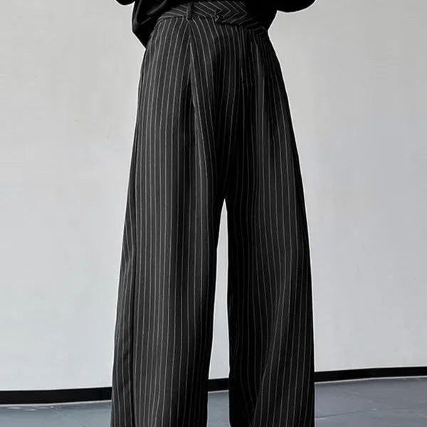 Black vertical striped pleated men's casual trousers with high elasticity fabric